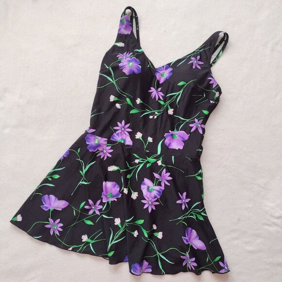Blair | Swim | Vtg 9s Blair One Piece Swim Dress M L Purple Floral ...